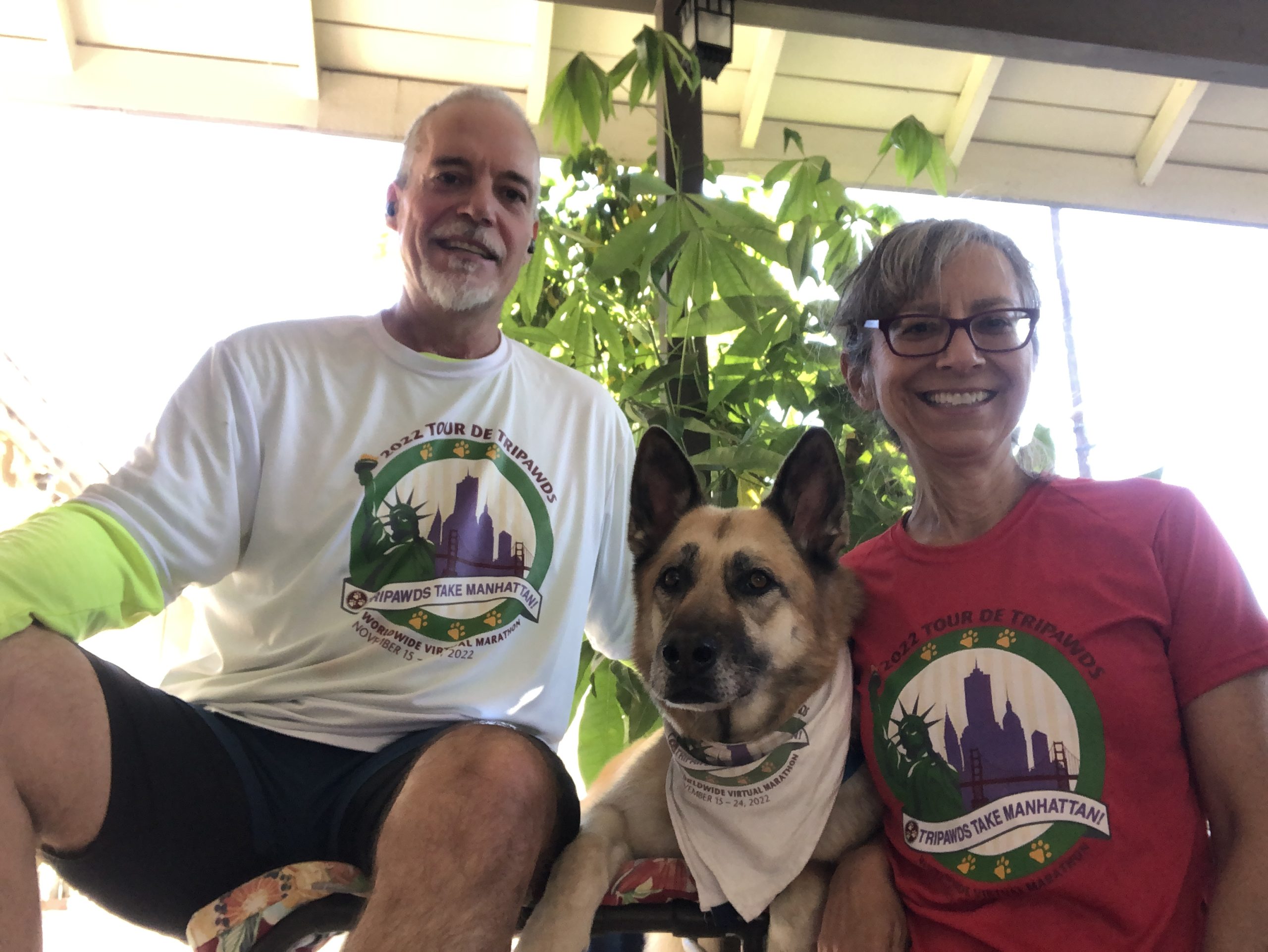 Tripawds community founders Jim and Rene, with Nellie B. Dawg