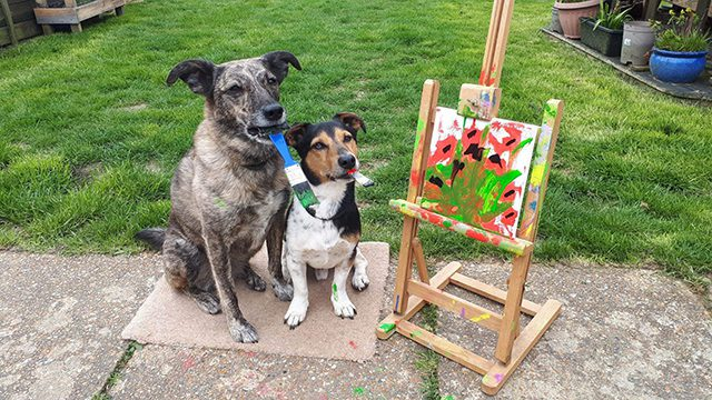 Rebel and Bea paint for the 2023 Tripawds Dog Art Auction