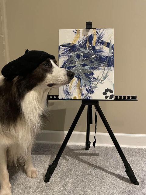 Live Love Leonard Lee the Border Collie paints for the 2023 Tripawds Dog Art Auction