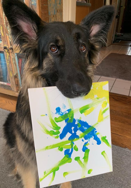 Wilhelmina paints for the 2023 Tripawds Dog Art Auction