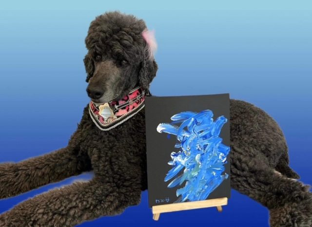 Pawcasso Sapphire paints for the 2023 Tripawds Dog Art Auction