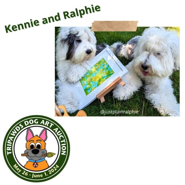 Kennie and Ralphie the painting Sheepdog brothers paint for 2024 Tripawds Dog Art Auction